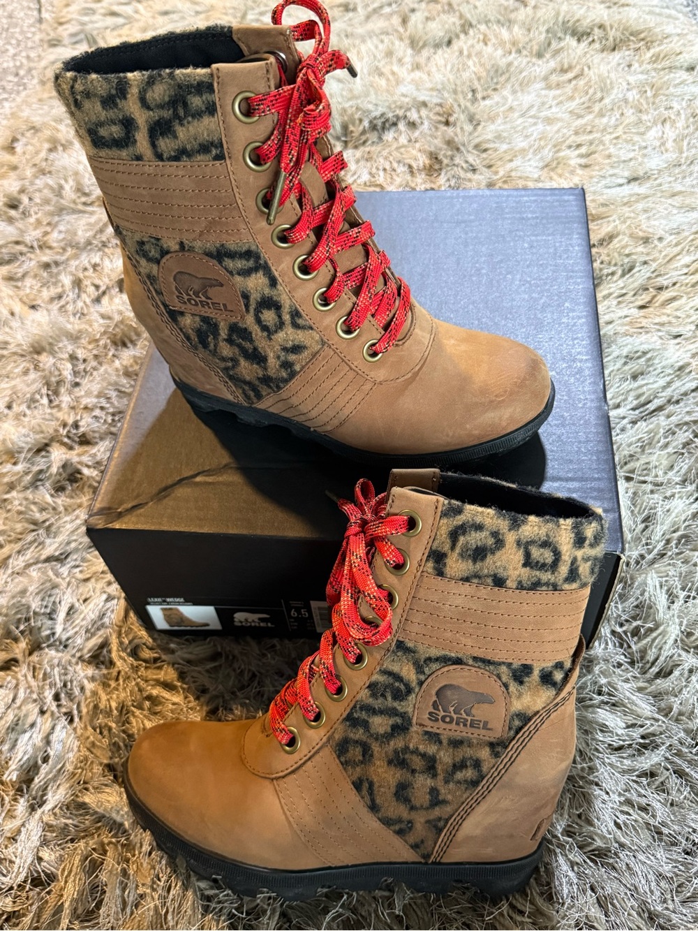 Sorel Lexie Wedge Cheetah Print Velvet Tan